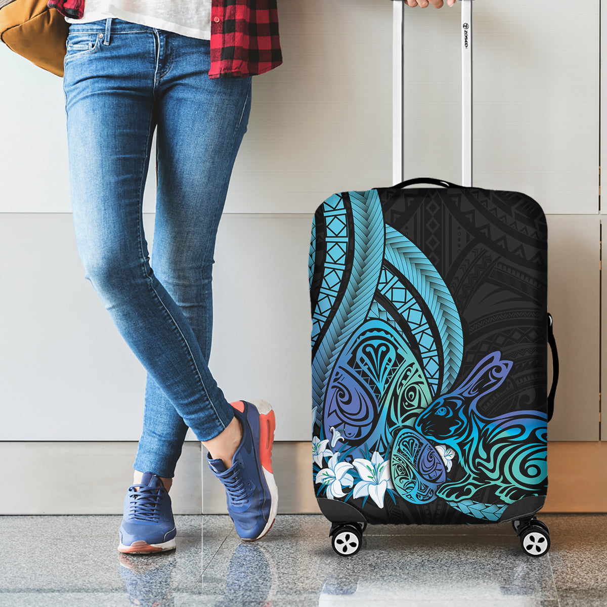 Turquoise Polynesia Easter Day Luggage Cover Eggs With Bunny Polynesian Pattern