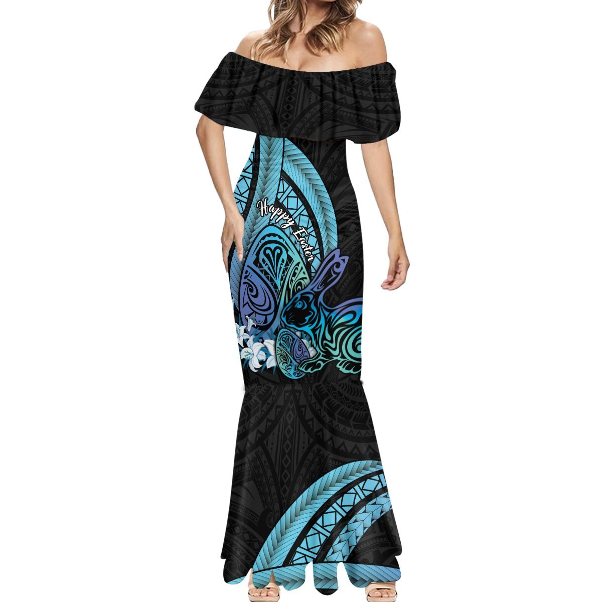 Turquoise Polynesia Easter Day Mermaid Dress Eggs With Bunny Polynesian Pattern LT14 - Polynesian Pride
