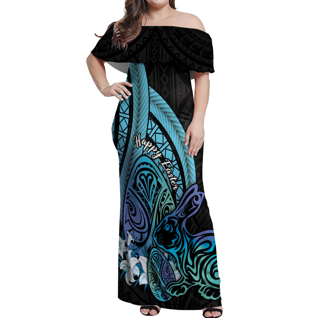 Turquoise Polynesia Easter Day Off Shoulder Maxi Dress Eggs With Bunny Polynesian Pattern LT14 Women Turquoise - Polynesian Pride