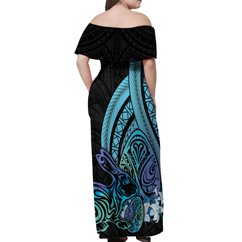 Turquoise Polynesia Easter Day Off Shoulder Maxi Dress Eggs With Bunny Polynesian Pattern LT14 - Polynesian Pride