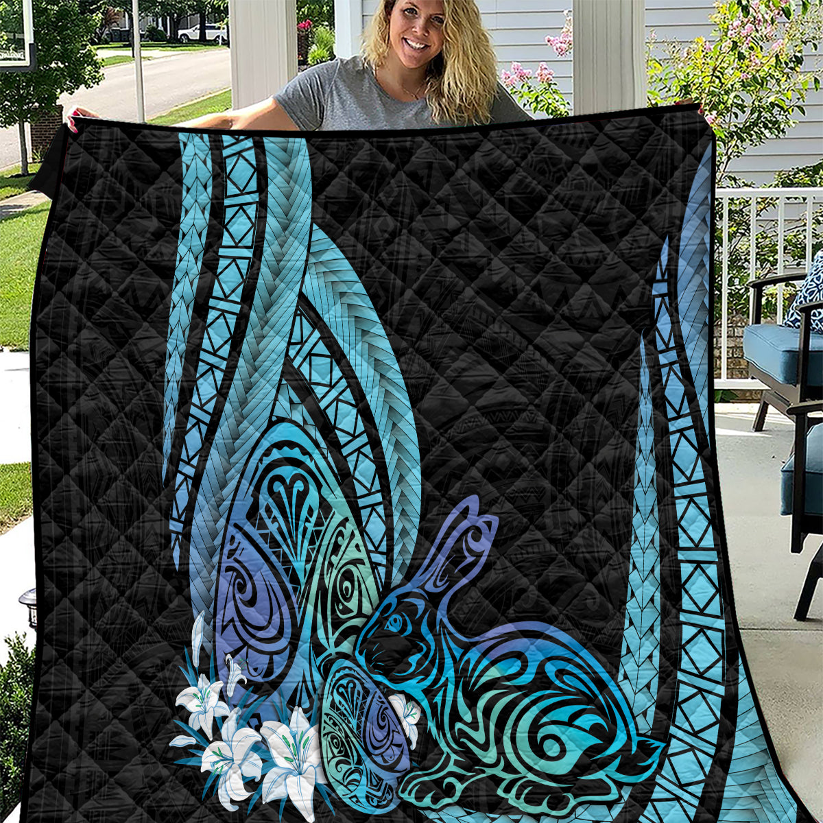 Turquoise Polynesia Easter Day Quilt Eggs With Bunny Polynesian Pattern LT14 Turquoise - Polynesian Pride