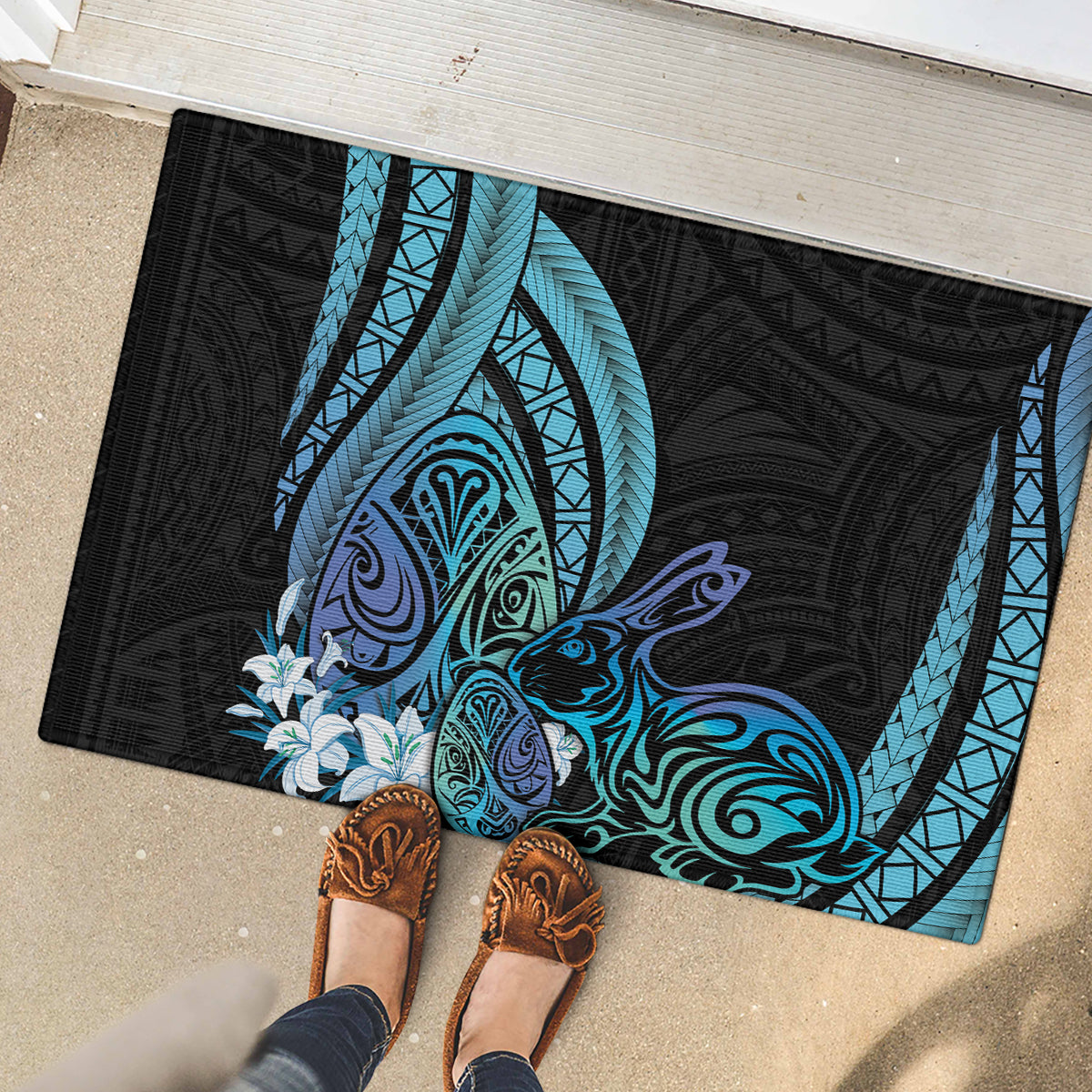 Turquoise Polynesia Easter Day Rubber Doormat Eggs With Bunny Polynesian Pattern LT14 - Polynesian Pride