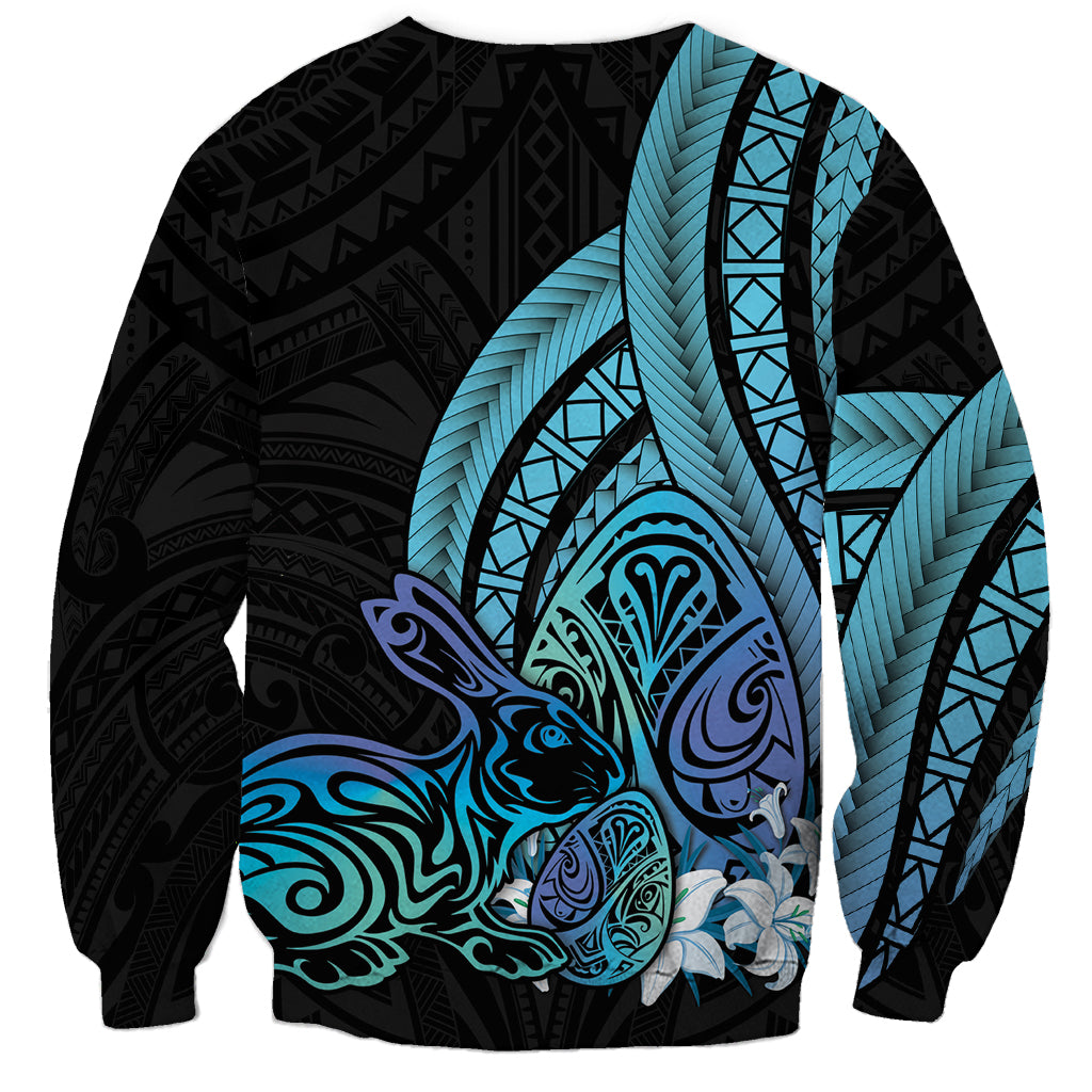 Turquoise Polynesia Easter Day Sweatshirt Eggs With Bunny Polynesian Pattern LT14 - Polynesian Pride