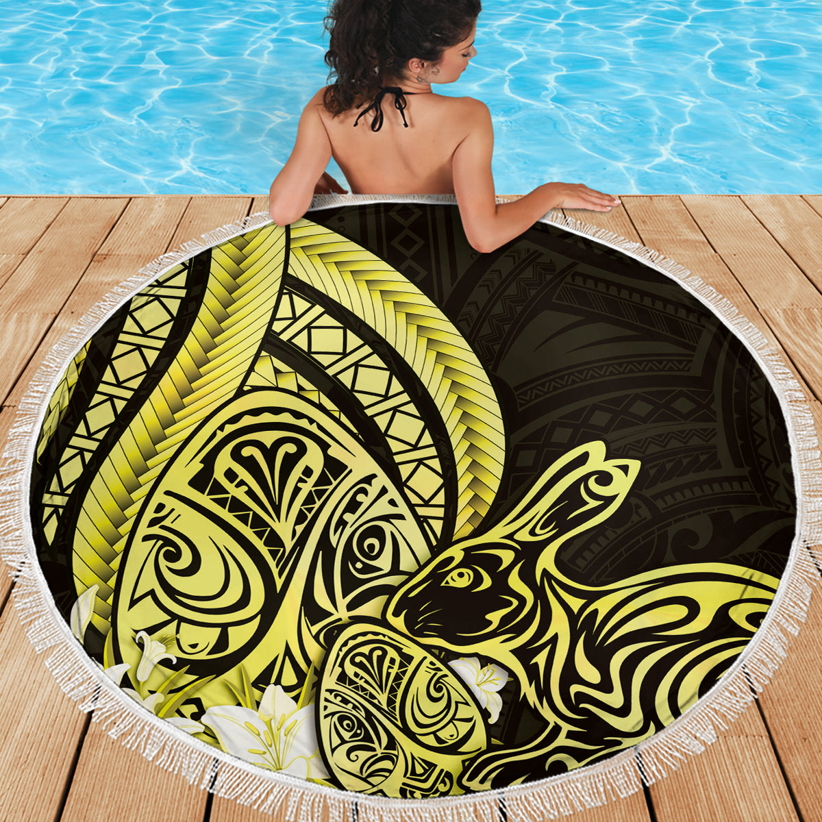 Yellow Polynesia Easter Day Beach Blanket Eggs With Bunny Polynesian Pattern