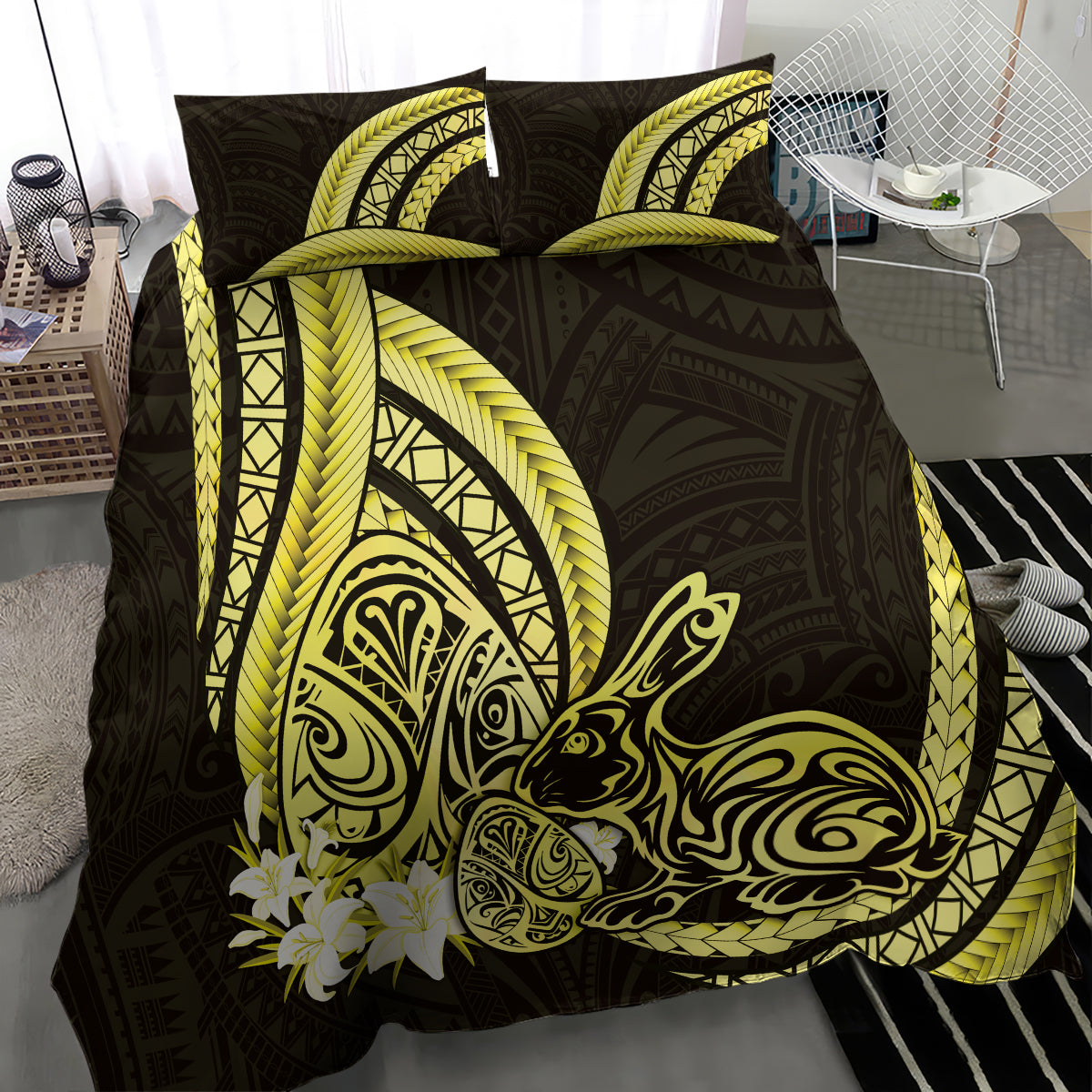 Yellow Polynesia Easter Day Bedding Set Eggs With Bunny Polynesian Pattern
