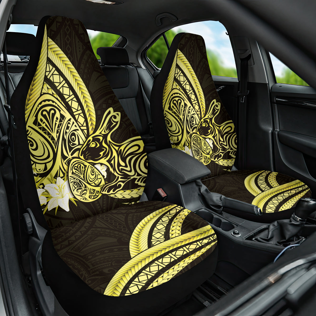 Yellow Polynesia Easter Day Car Seat Cover Eggs With Bunny Polynesian Pattern