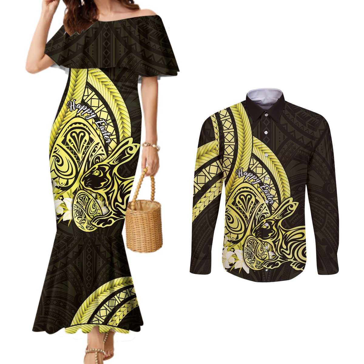 Yellow Polynesia Easter Day Couples Matching Mermaid Dress and Long Sleeve Button Shirt Eggs With Bunny Polynesian Pattern LT14 Yellow - Polynesian Pride