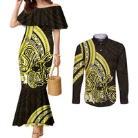 Yellow Polynesia Easter Day Couples Matching Mermaid Dress and Long Sleeve Button Shirt Eggs With Bunny Polynesian Pattern LT14 Yellow - Polynesian Pride