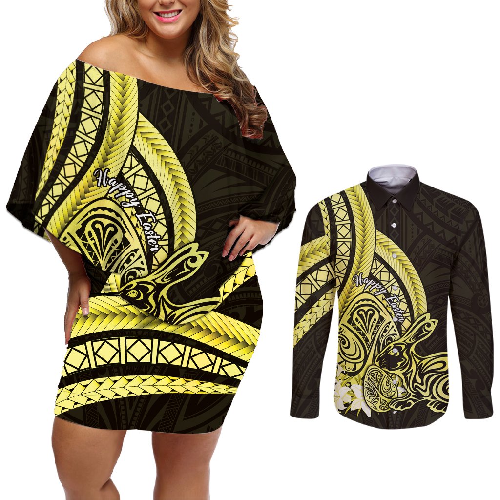 Yellow Polynesia Easter Day Couples Matching Off Shoulder Short Dress and Long Sleeve Button Shirt Eggs With Bunny Polynesian Pattern LT14 Yellow - Polynesian Pride