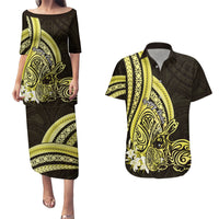 Yellow Polynesia Easter Day Couples Matching Puletasi and Hawaiian Shirt Eggs With Bunny Polynesian Pattern