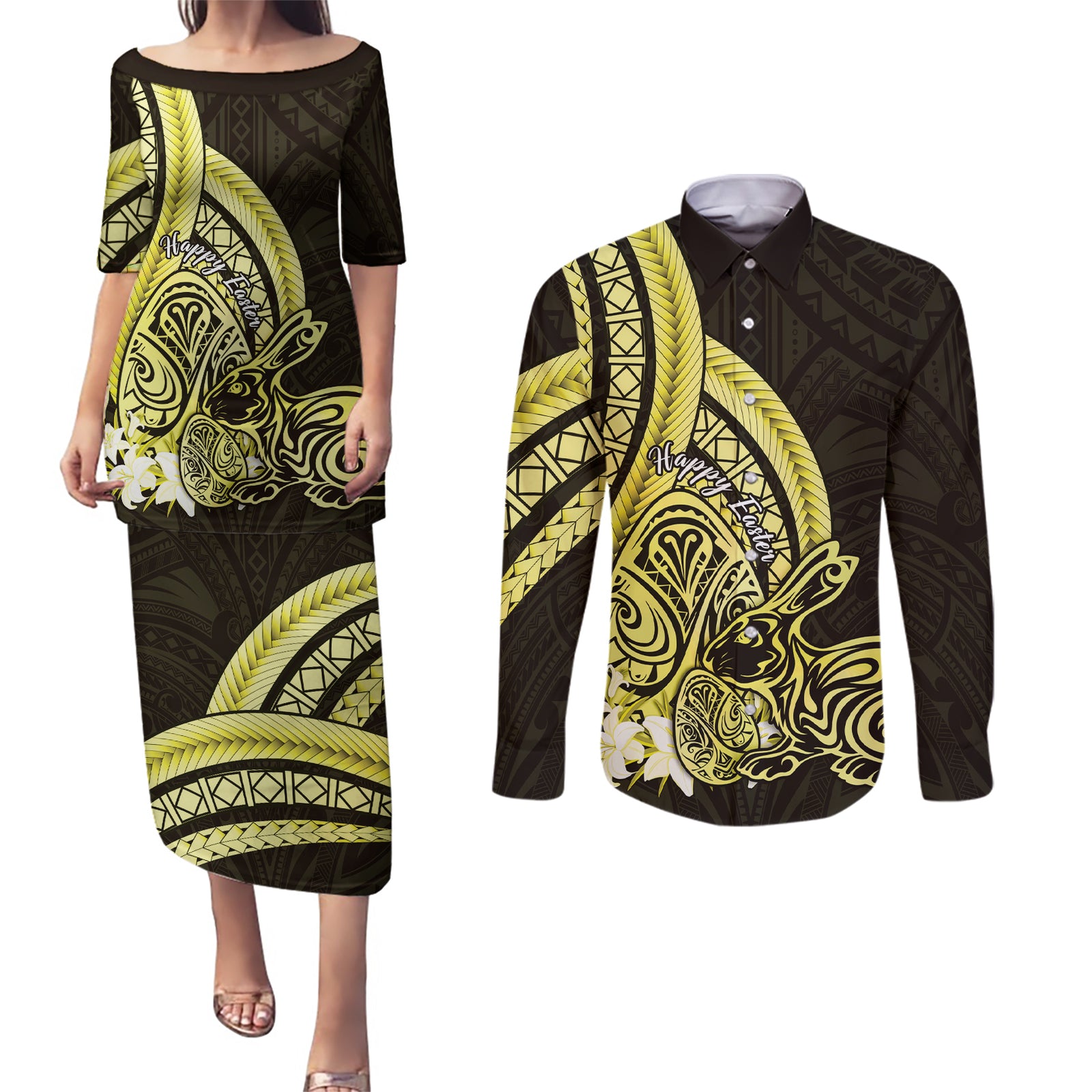 Yellow Polynesia Easter Day Couples Matching Puletasi and Long Sleeve Button Shirt Eggs With Bunny Polynesian Pattern LT14 Yellow - Polynesian Pride