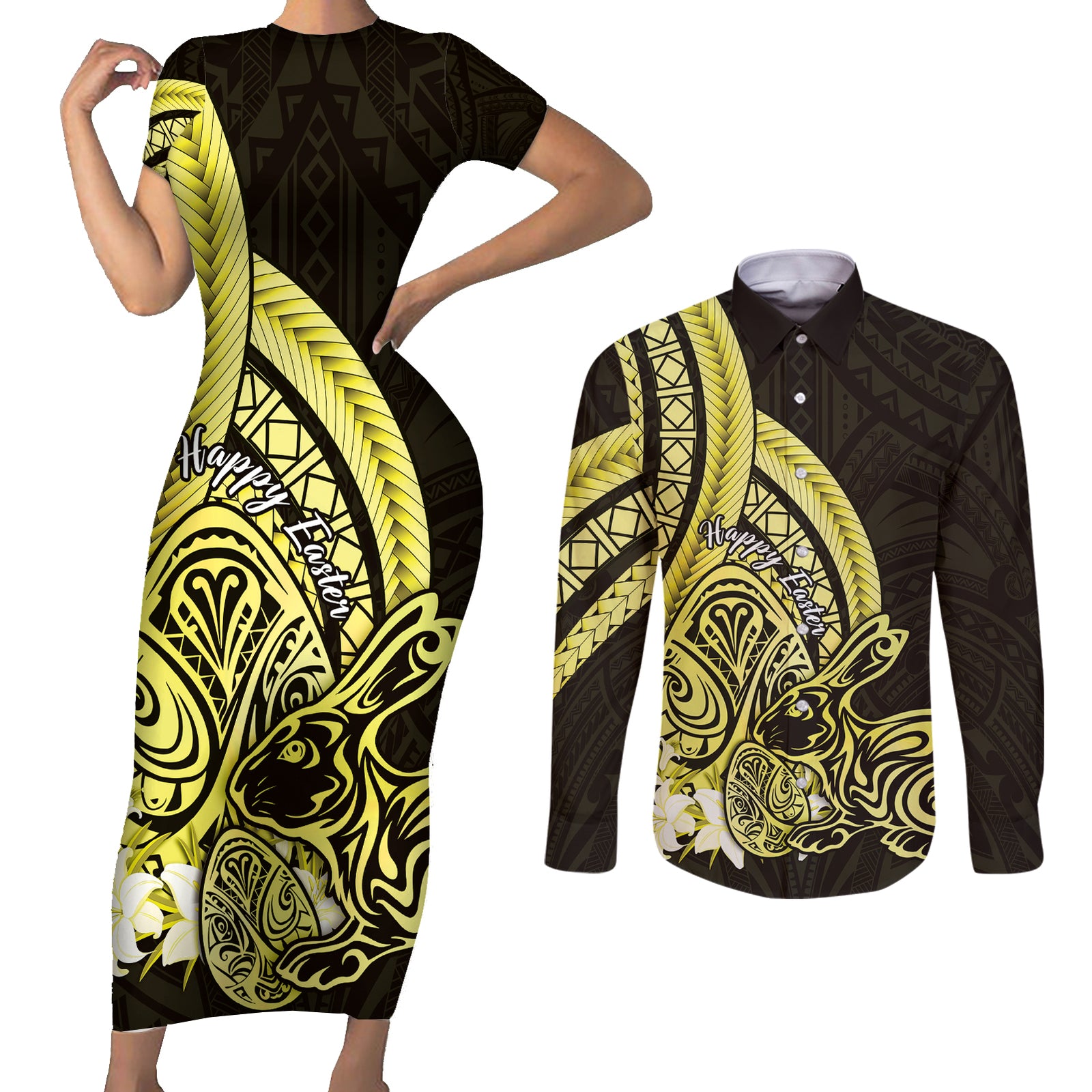 Yellow Polynesia Easter Day Couples Matching Short Sleeve Bodycon Dress and Long Sleeve Button Shirt Eggs With Bunny Polynesian Pattern LT14 Yellow - Polynesian Pride