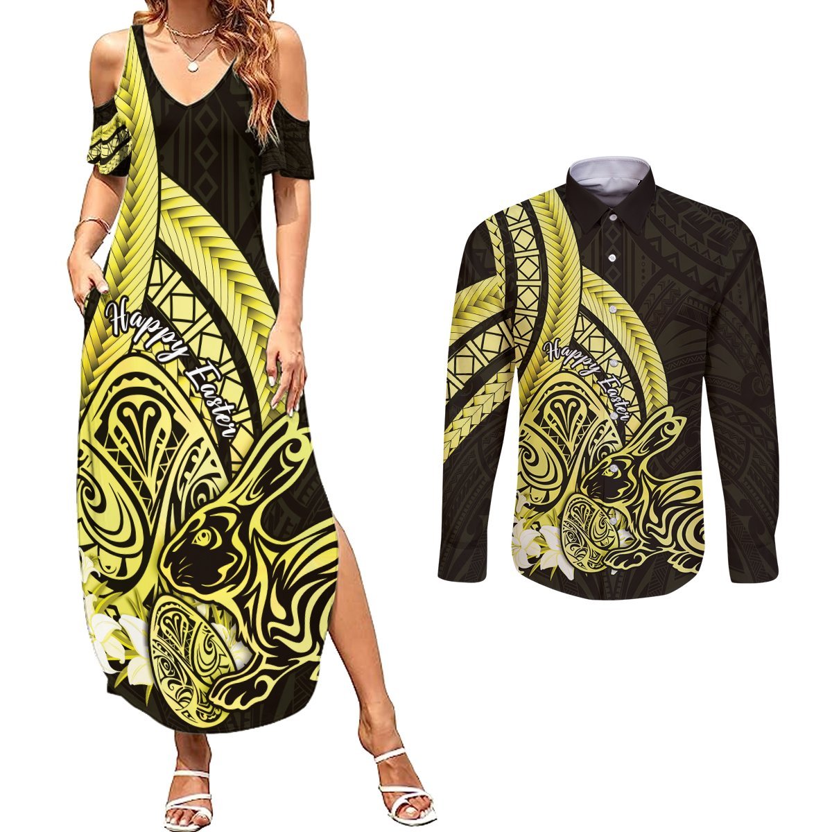 Yellow Polynesia Easter Day Couples Matching Summer Maxi Dress and Long Sleeve Button Shirt Eggs With Bunny Polynesian Pattern LT14 Yellow - Polynesian Pride