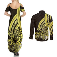 Yellow Polynesia Easter Day Couples Matching Summer Maxi Dress and Long Sleeve Button Shirt Eggs With Bunny Polynesian Pattern LT14 - Polynesian Pride