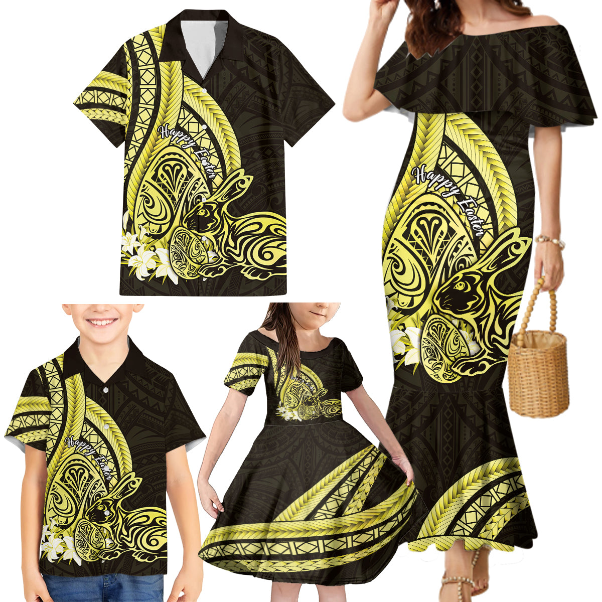 Yellow Polynesia Easter Day Family Matching Mermaid Dress and Hawaiian Shirt Eggs With Bunny Polynesian Pattern LT14 - Polynesian Pride