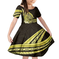 Yellow Polynesia Easter Day Family Matching Off Shoulder Short Dress and Hawaiian Shirt Eggs With Bunny Polynesian Pattern