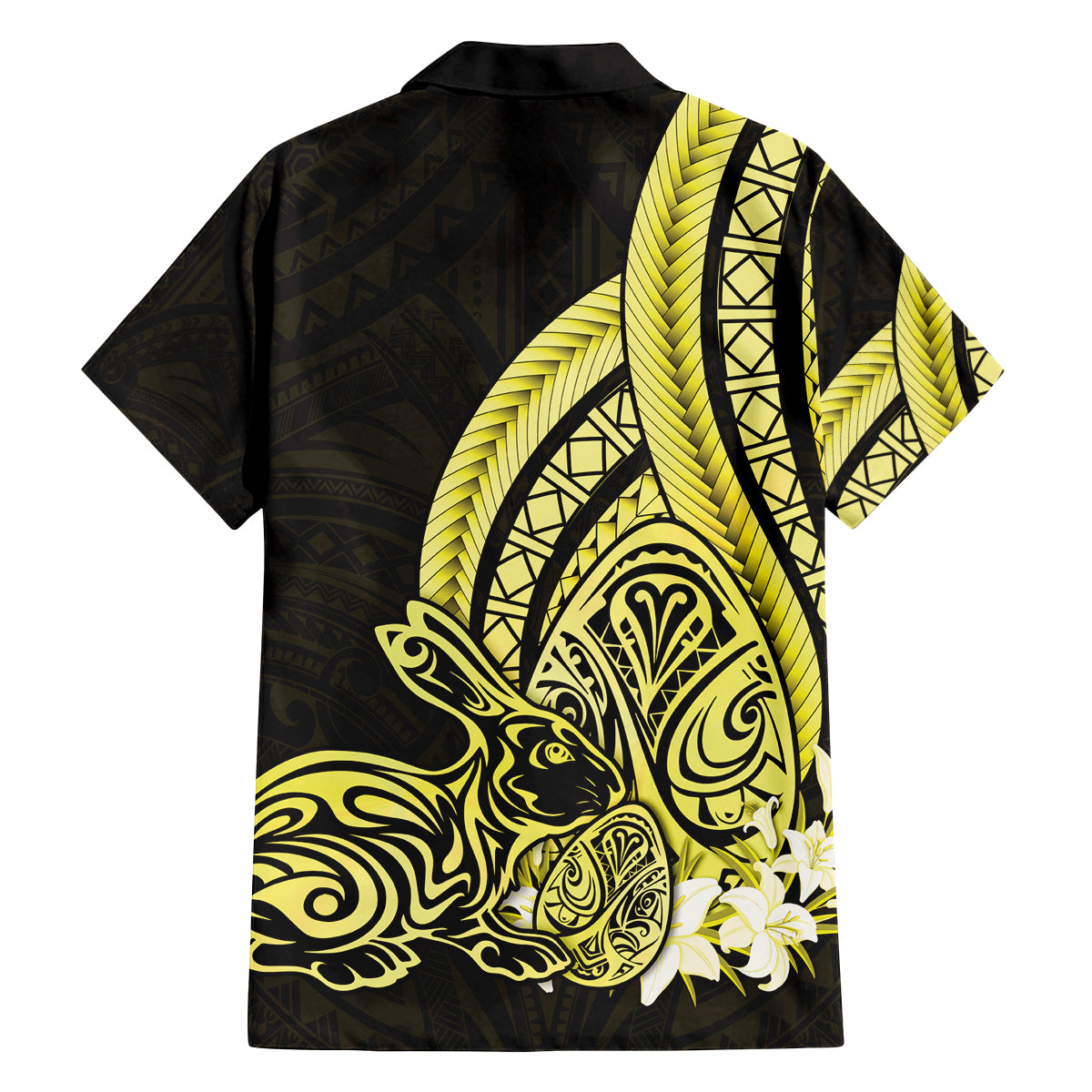 Yellow Polynesia Easter Day Family Matching Off Shoulder Short Dress and Hawaiian Shirt Eggs With Bunny Polynesian Pattern