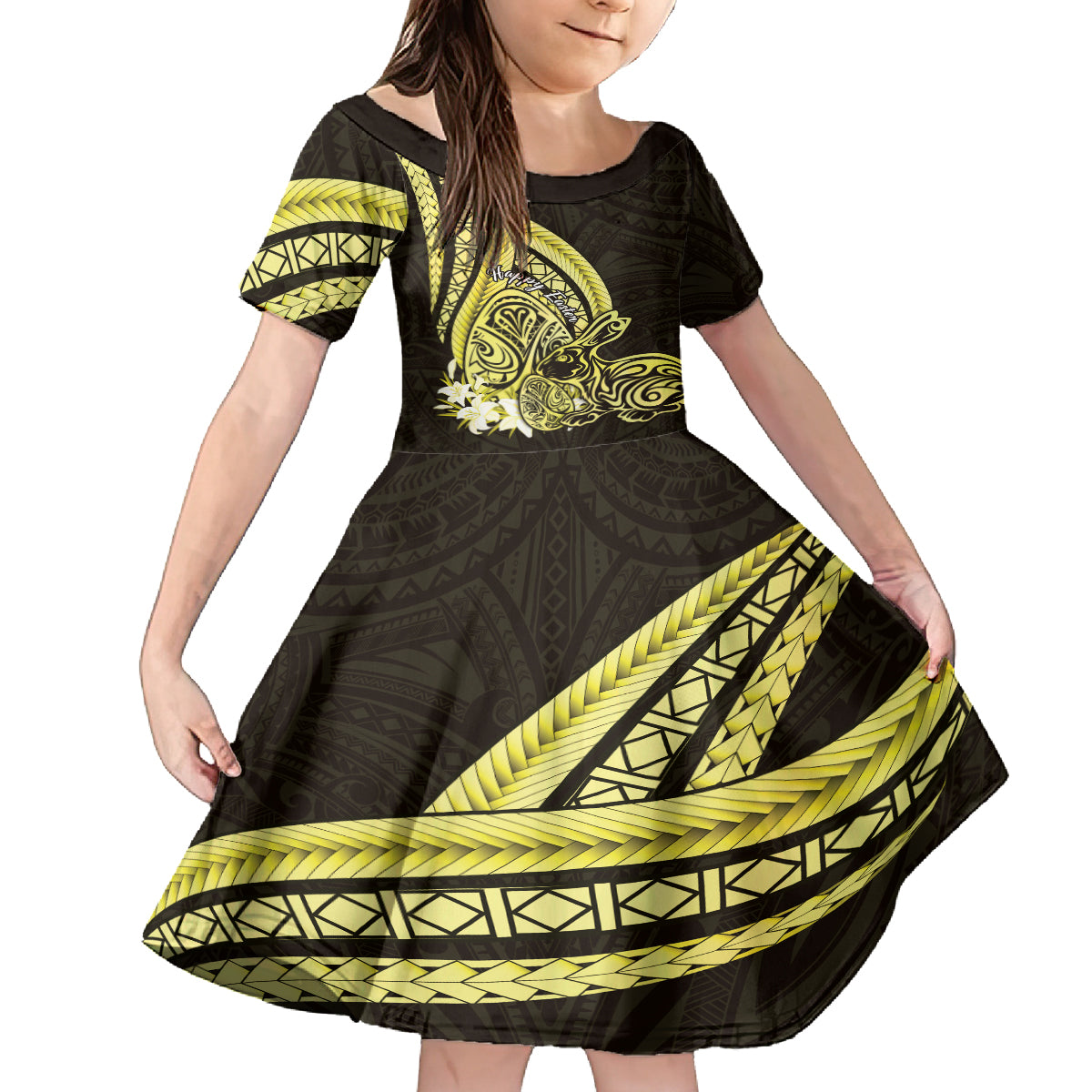 Yellow Polynesia Easter Day Family Matching Puletasi and Hawaiian Shirt Eggs With Bunny Polynesian Pattern LT14 Daughter's Dress Yellow - Polynesian Pride