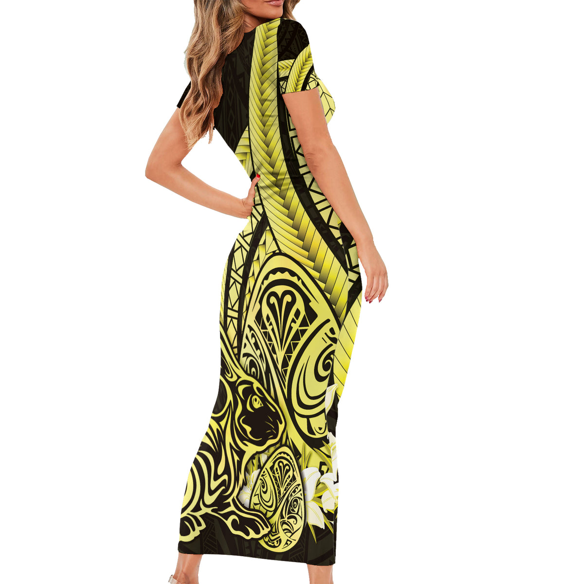 Yellow Polynesia Easter Day Family Matching Short Sleeve Bodycon Dress and Hawaiian Shirt Eggs With Bunny Polynesian Pattern
