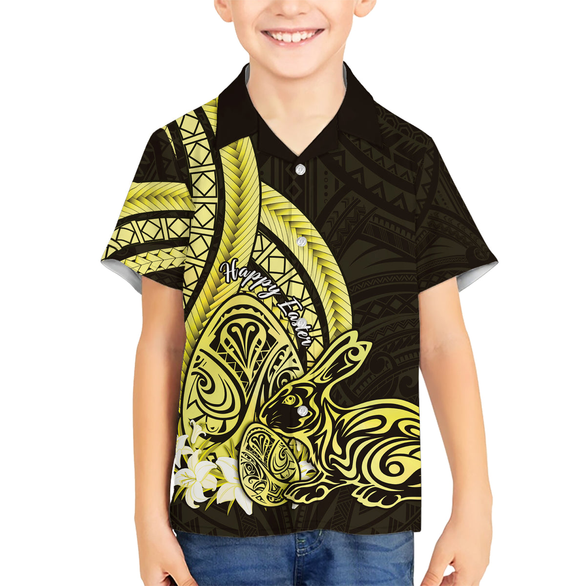Yellow Polynesia Easter Day Family Matching Short Sleeve Bodycon Dress and Hawaiian Shirt Eggs With Bunny Polynesian Pattern