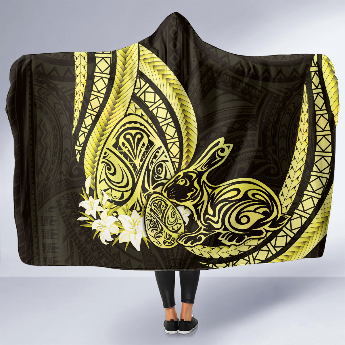 Yellow Polynesia Easter Day Hooded Blanket Eggs With Bunny Polynesian Pattern