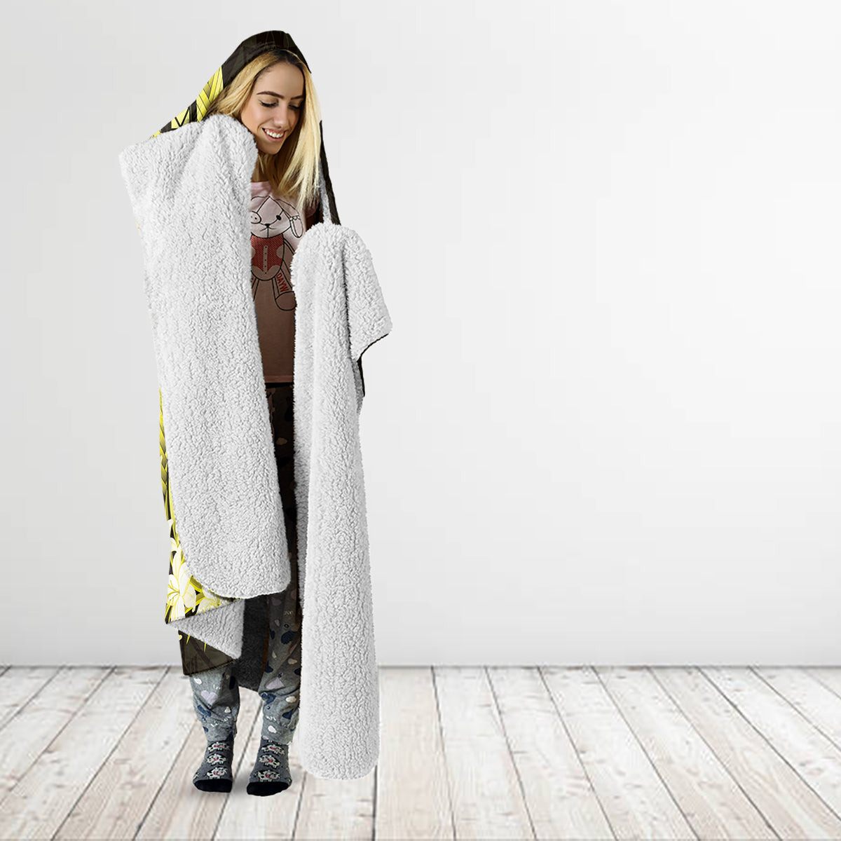 Yellow Polynesia Easter Day Hooded Blanket Eggs With Bunny Polynesian Pattern