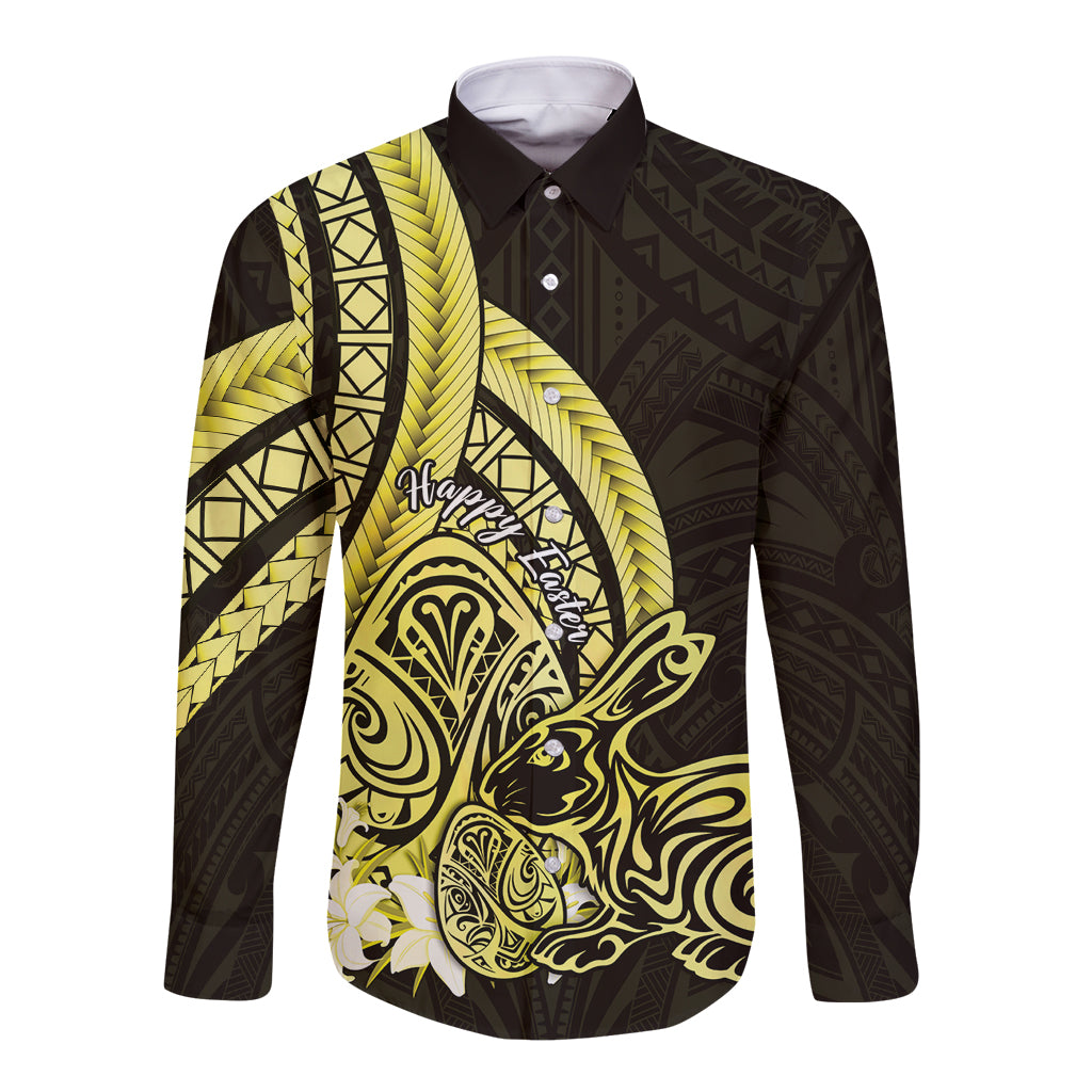 Yellow Polynesia Easter Day Long Sleeve Button Shirt Eggs With Bunny Polynesian Pattern