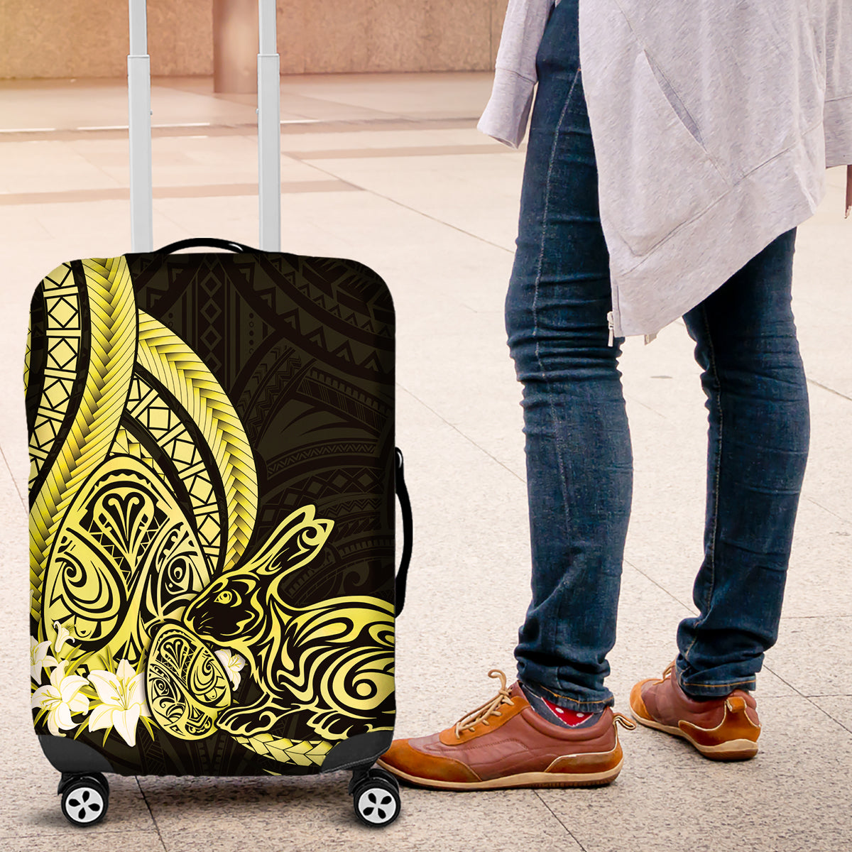 Yellow Polynesia Easter Day Luggage Cover Eggs With Bunny Polynesian Pattern