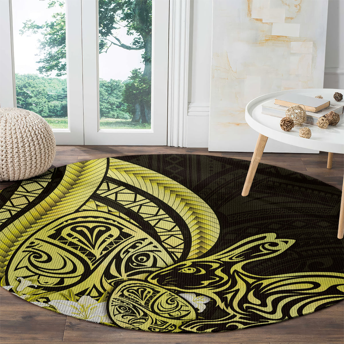 Yellow Polynesia Easter Day Round Carpet Eggs With Bunny Polynesian Pattern