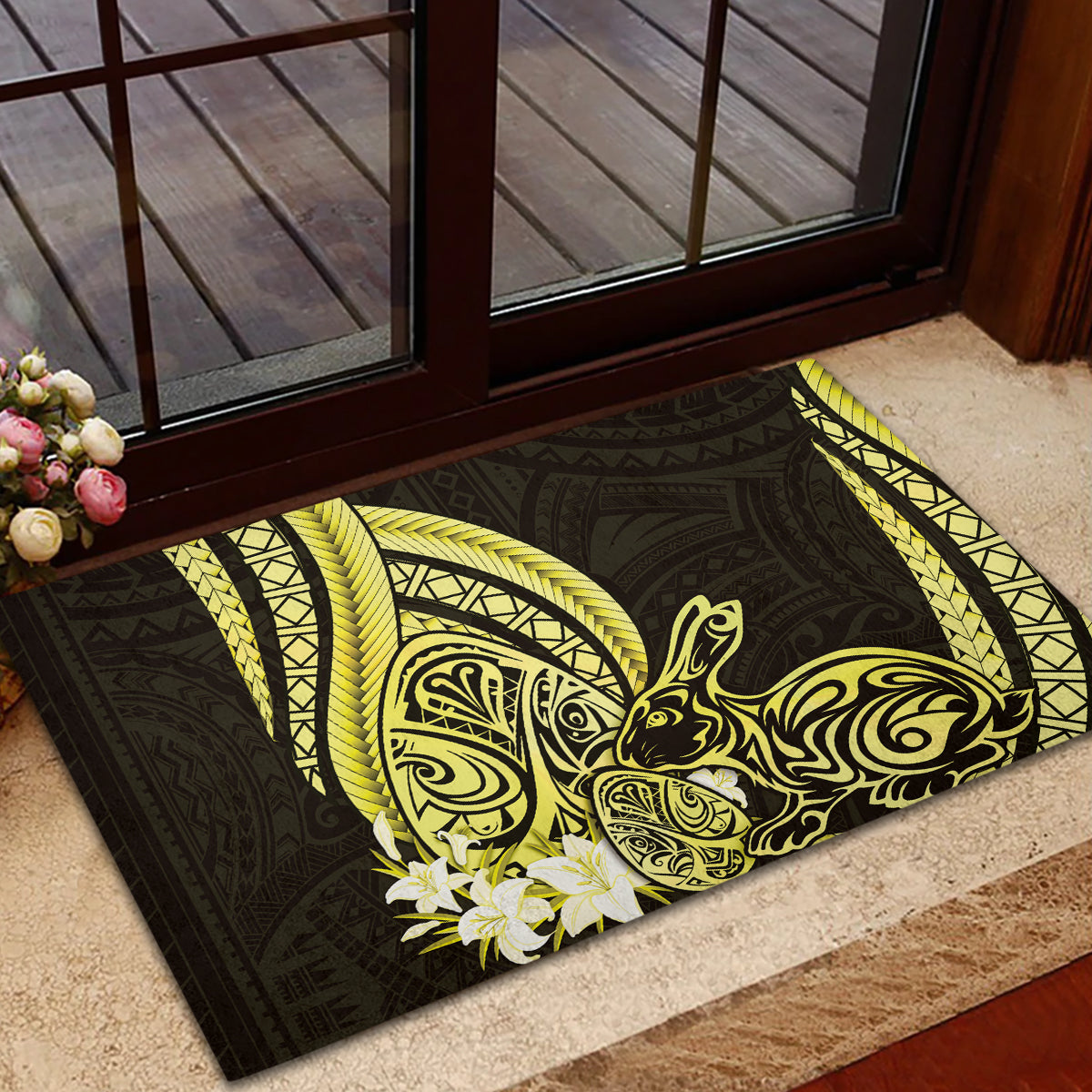 Yellow Polynesia Easter Day Rubber Doormat Eggs With Bunny Polynesian Pattern LT14 - Polynesian Pride