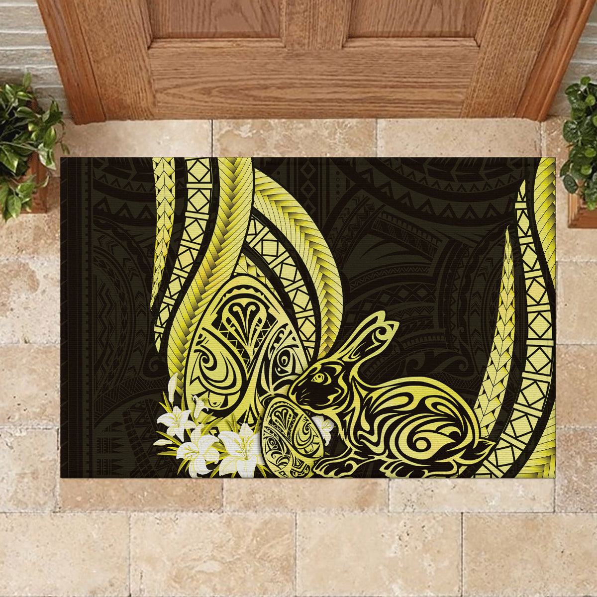 Yellow Polynesia Easter Day Rubber Doormat Eggs With Bunny Polynesian Pattern LT14 - Polynesian Pride