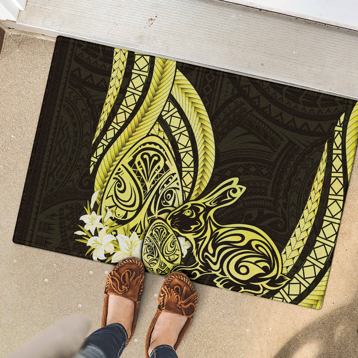 Yellow Polynesia Easter Day Rubber Doormat Eggs With Bunny Polynesian Pattern LT14 - Polynesian Pride