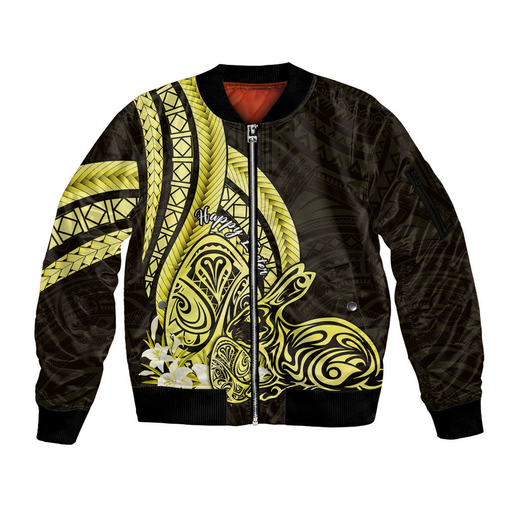 Yellow Polynesia Easter Day Sleeve Zip Bomber Jacket Eggs With Bunny Polynesian Pattern