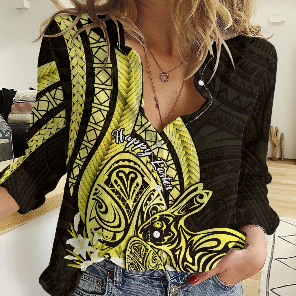 Yellow Polynesia Easter Day Women Casual Shirt Eggs With Bunny Polynesian Pattern LT14 Female Yellow - Polynesian Pride