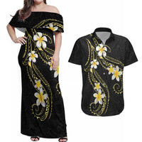 Polynesia Tattoo With Plumeria Couples Matching Off Shoulder Maxi Dress and Hawaiian Shirt Elegant Vibes