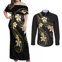 Polynesia Tattoo With Plumeria Couples Matching Off Shoulder Maxi Dress and Long Sleeve Button Shirt Elegant Vibes