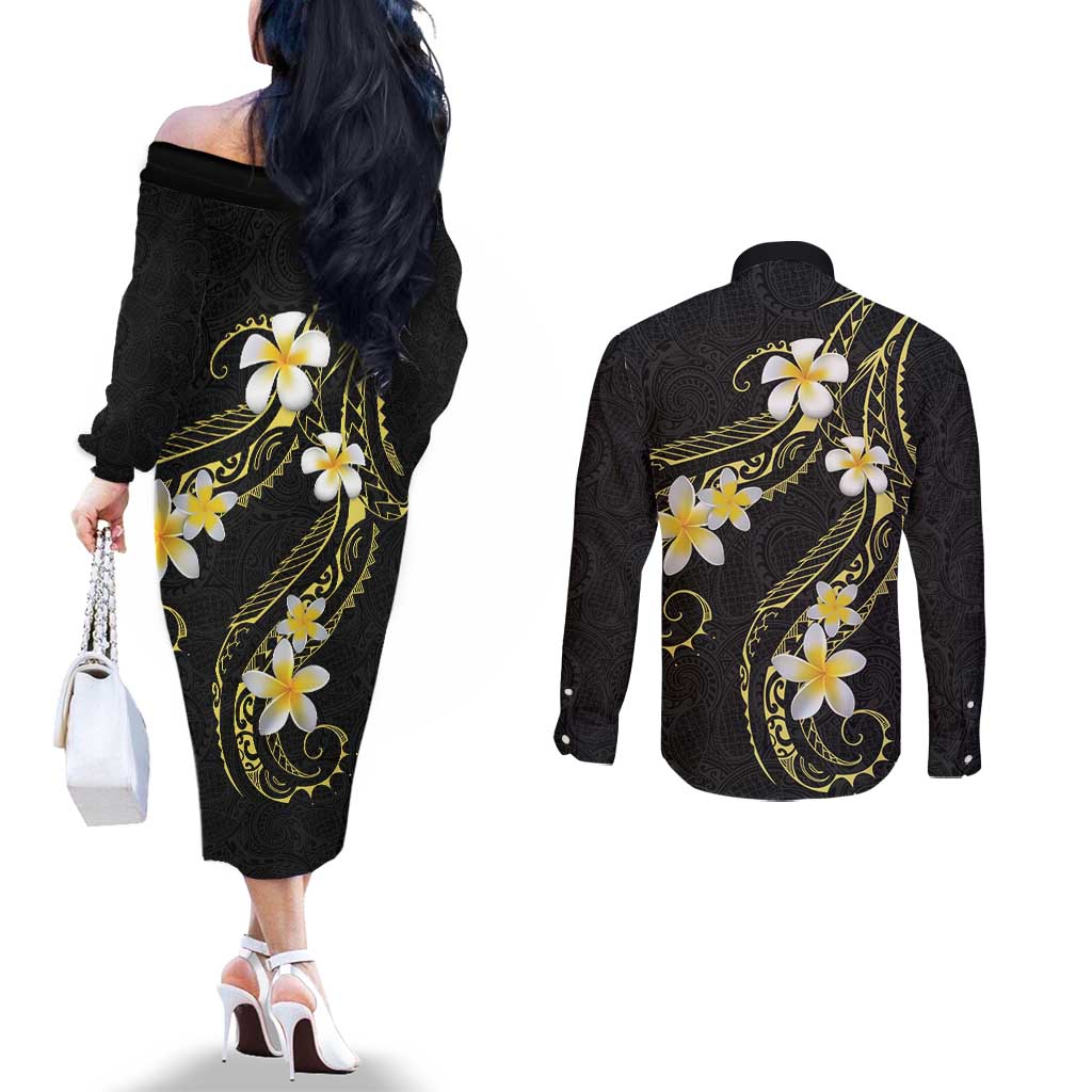 Polynesia Tattoo With Plumeria Couples Matching Off The Shoulder Long Sleeve Dress and Long Sleeve Button Shirt Elegant Vibes LT14 - Polynesian Pride