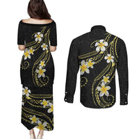 Polynesia Tattoo With Plumeria Couples Matching Puletasi and Long Sleeve Button Shirt Elegant Vibes