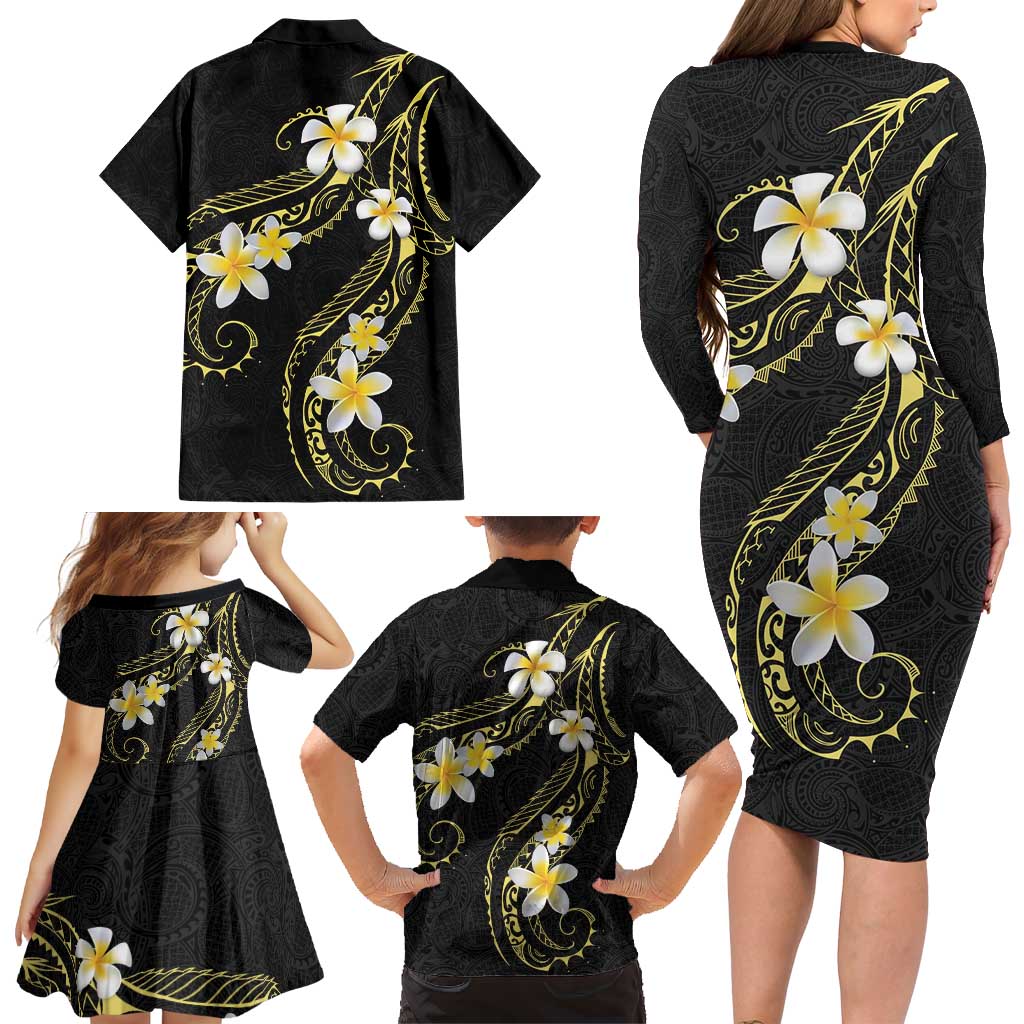 Polynesia Tattoo With Plumeria Family Matching Long Sleeve Bodycon Dress and Hawaiian Shirt Elegant Vibes