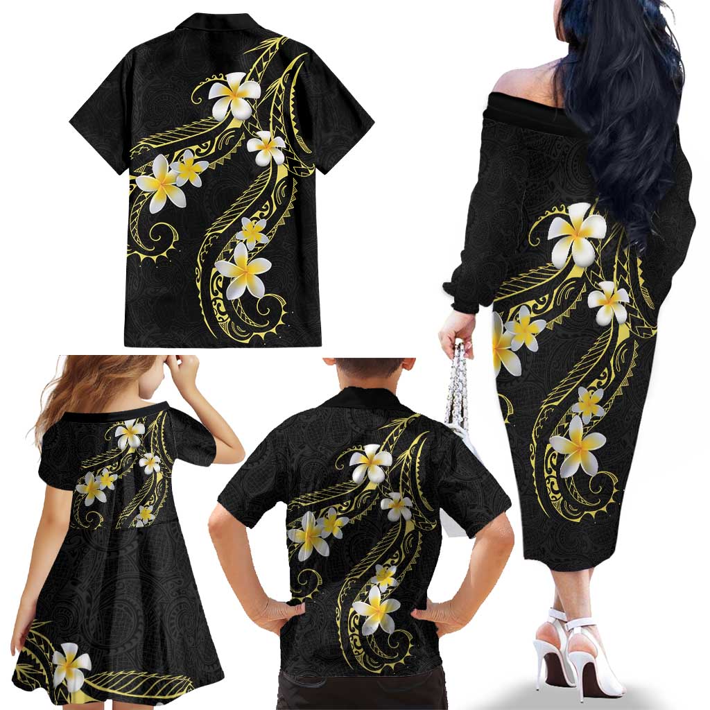 Polynesia Tattoo With Plumeria Family Matching Off The Shoulder Long Sleeve Dress and Hawaiian Shirt Elegant Vibes