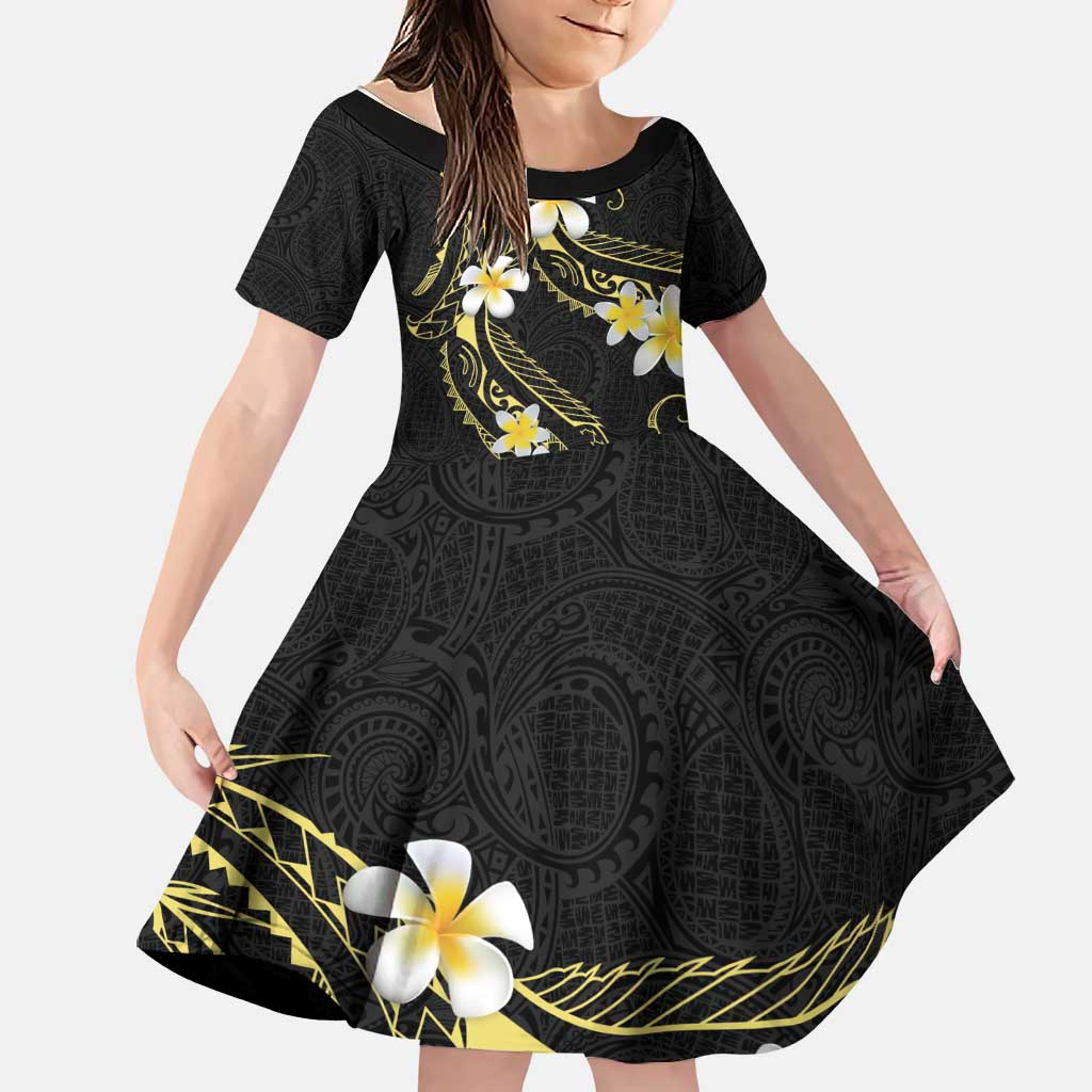 Polynesia Tattoo With Plumeria Family Matching Off Shoulder Maxi Dress and Hawaiian Shirt Elegant Vibes LT14 Daughter's Dress Black - Polynesian Pride