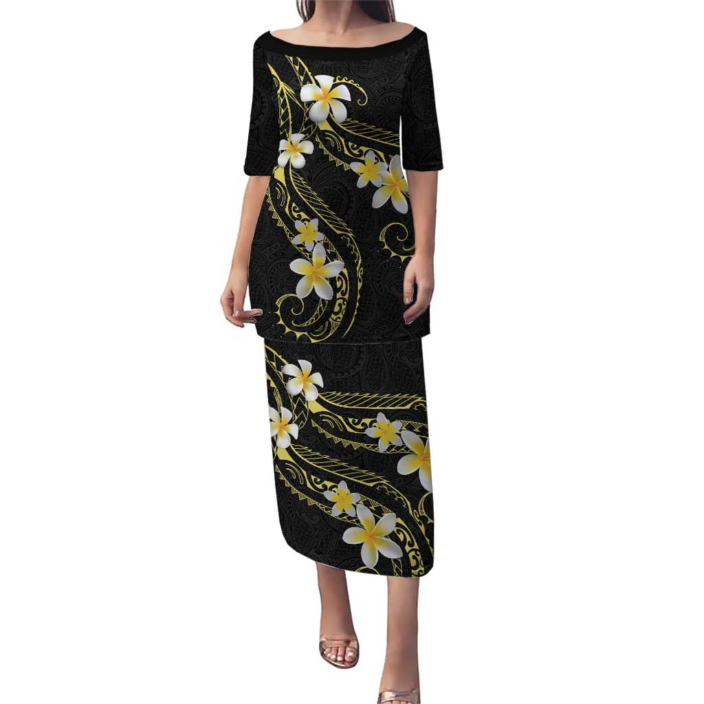 Polynesia Tattoo With Plumeria Puletasi Elegant Vibes LT14 Long Dress Black - Polynesian Pride