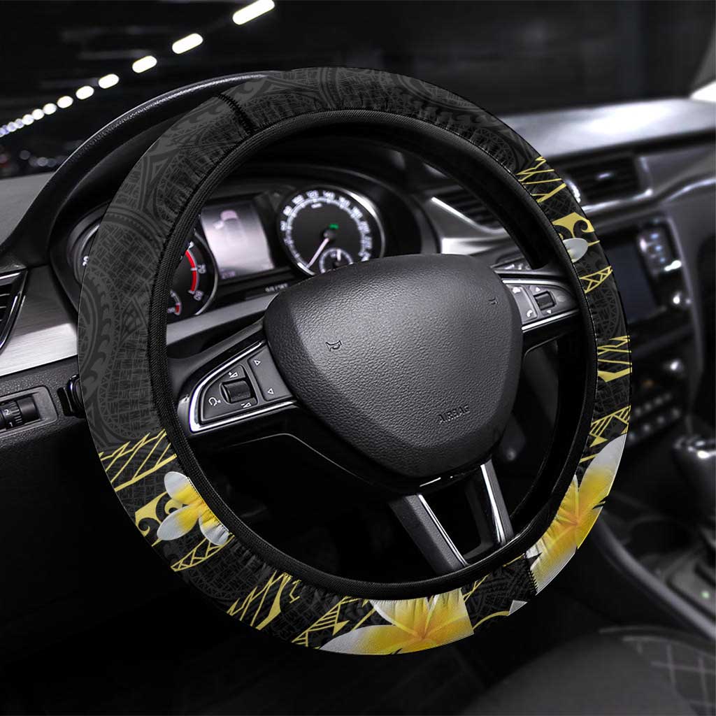 Polynesia Tattoo With Plumeria Steering Wheel Cover Elegant Vibes LT14 Universal Fit Black - Polynesian Pride