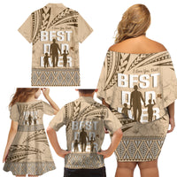 Tonga Father's Day Family Matching Off Shoulder Short Dress and Hawaiian Shirt Best Dad Ever Tongan Ngatu Pattern - Beige