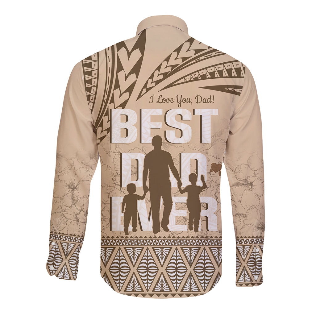 Tonga Father's Day Long Sleeve Button Shirt Best Dad Ever Tongan Ngatu Pattern - Beige