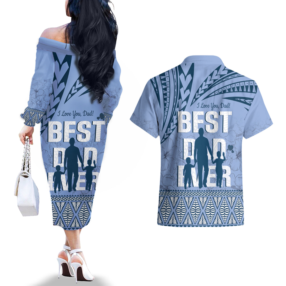 Tonga Father's Day Couples Matching Off The Shoulder Long Sleeve Dress and Hawaiian Shirt Best Dad Ever Tongan Ngatu Pattern - Blue