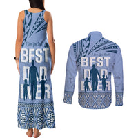 Tonga Father's Day Couples Matching Tank Maxi Dress and Long Sleeve Button Shirt Best Dad Ever Tongan Ngatu Pattern - Blue