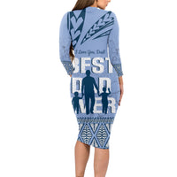 Tonga Father's Day Long Sleeve Bodycon Dress Best Dad Ever Tongan Ngatu Pattern - Blue