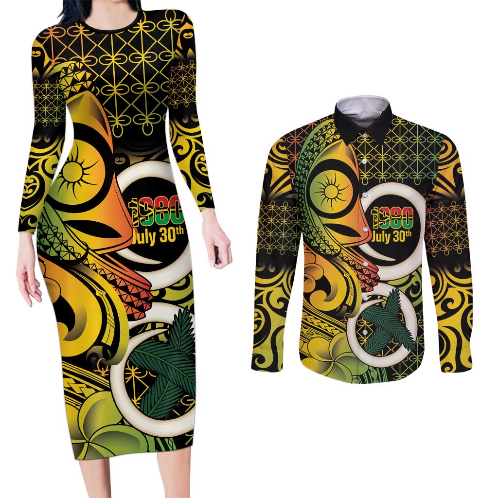 Vanuatu 1980 Couples Matching Long Sleeve Bodycon Dress and Long Sleeve Button Shirt Ni-Van Tamtam Sand Drawing Pattern