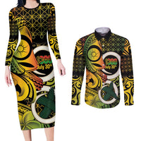 Vanuatu 1980 Couples Matching Long Sleeve Bodycon Dress and Long Sleeve Button Shirt Ni-Van Tamtam Sand Drawing Pattern